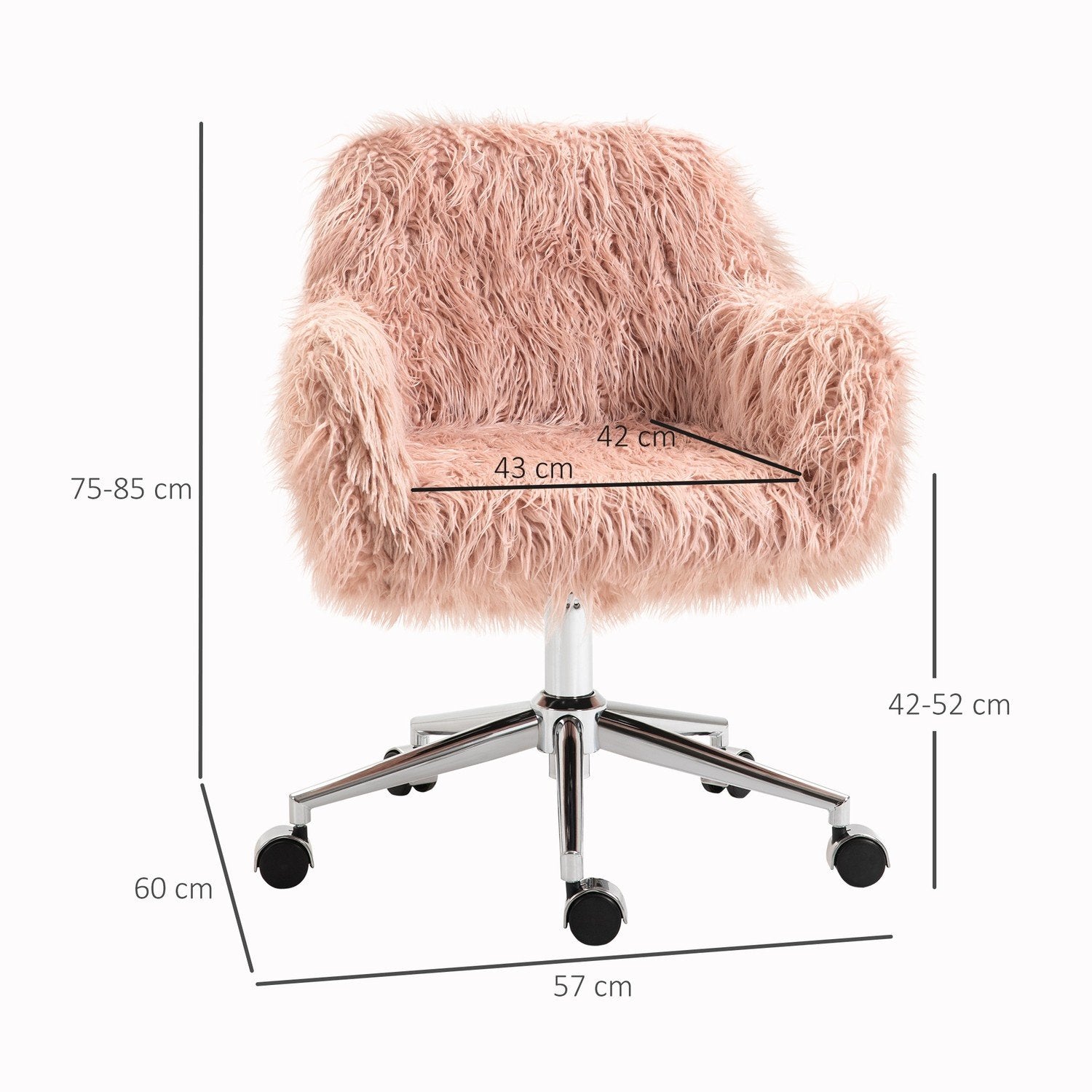 Direktørstol Drejestol Computerstol med imiteret pels Sædehøjdejustering Faux Fur Skum Pink + Sølv 57 X 60 X 75-85 Cm