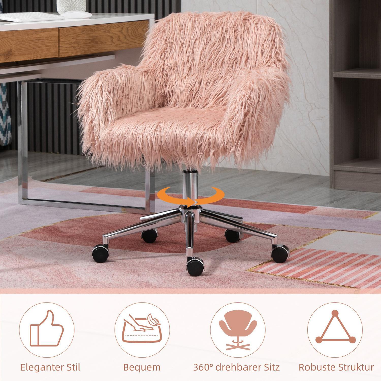 Direktørstol Drejestol Computerstol med imiteret pels Sædehøjdejustering Faux Fur Skum Pink + Sølv 57 X 60 X 75-85 Cm