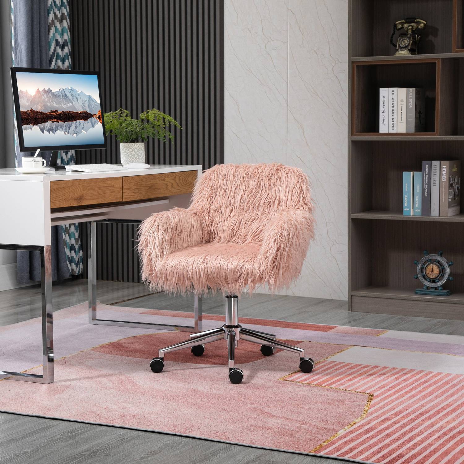 Direktørstol Drejestol Computerstol med imiteret pels Sædehøjdejustering Faux Fur Skum Pink + Sølv 57 X 60 X 75-85 Cm