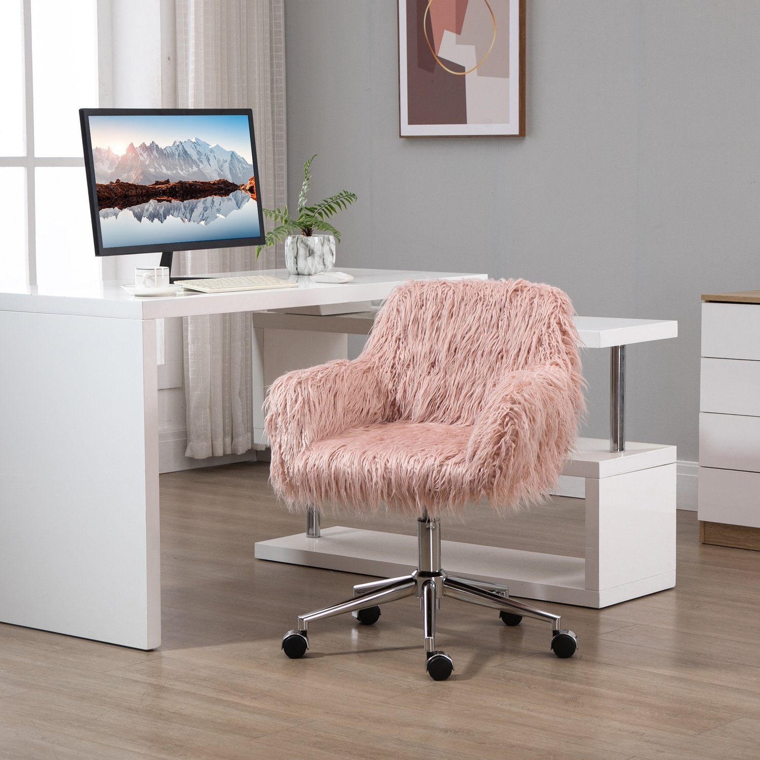 Direktørstol Drejestol Computerstol med imiteret pels Sædehøjdejustering Faux Fur Skum Pink + Sølv 57 X 60 X 75-85 Cm