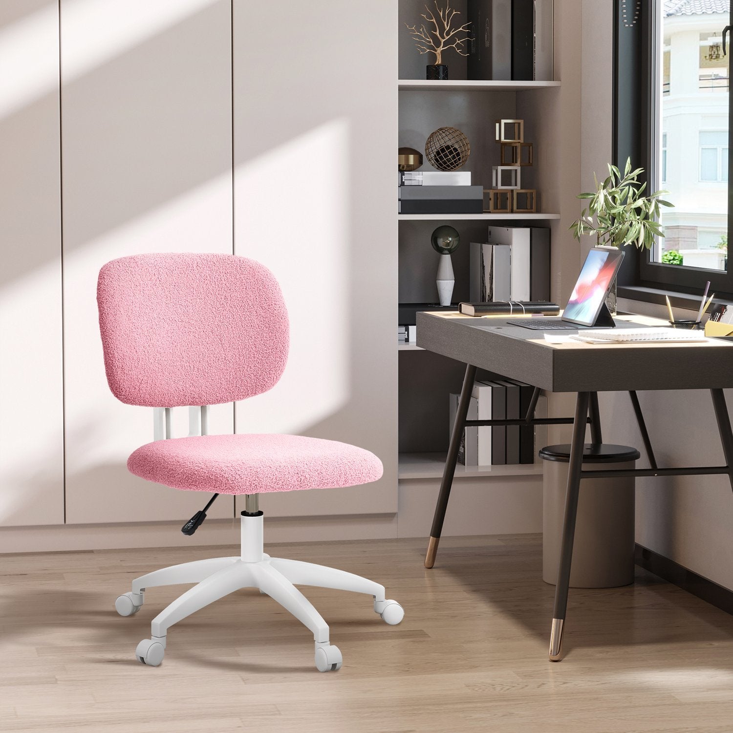 Kontorstol Ergonomisk skrivebordsstol Højdejusterbar computerstol uden armlæn Drejestol Velvet Pink