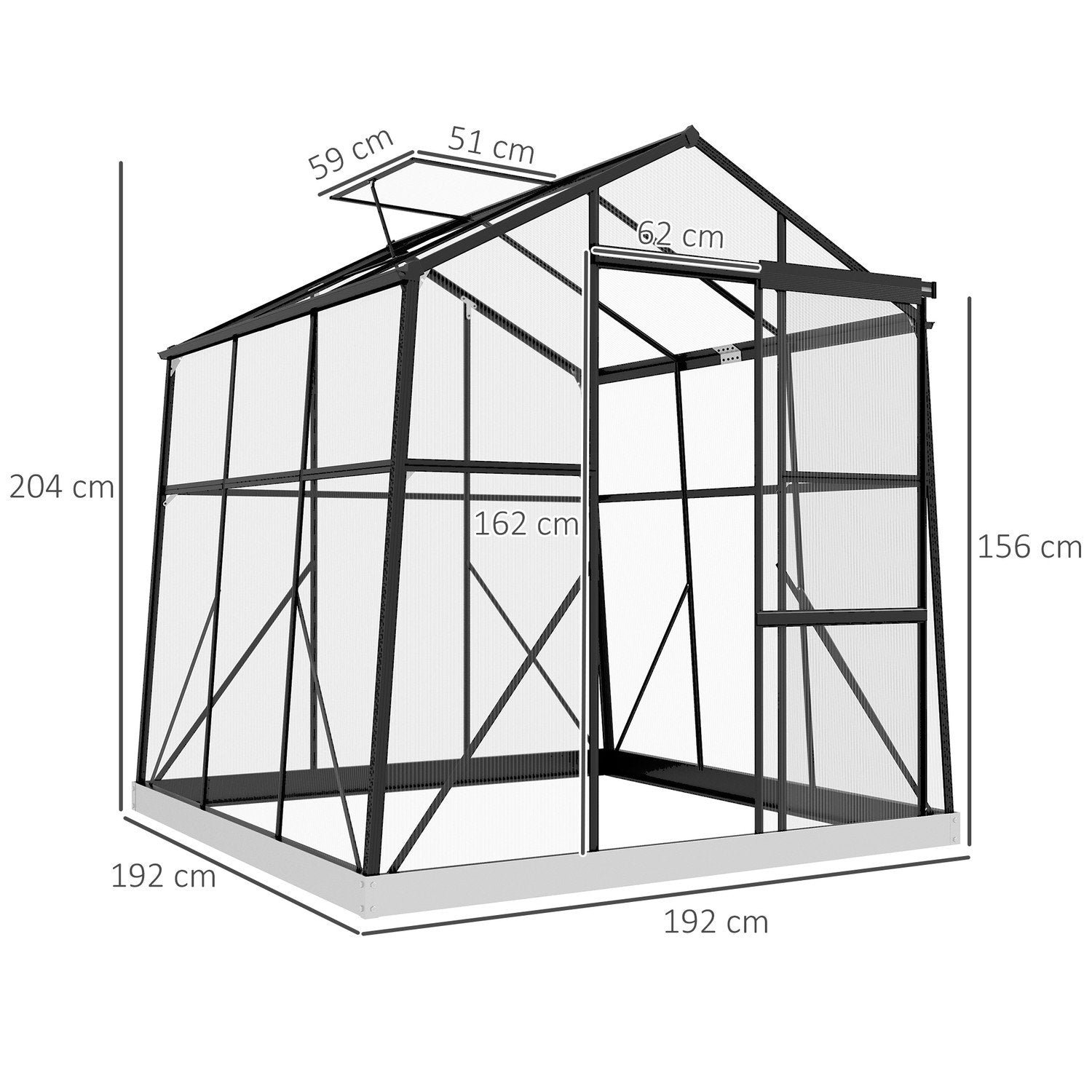 Drivhus Aluminium 192 X 192 X 204 Cm Drivhus 3,68 M² Tomathus med vindue, skydedør, fundament, drivhus, sort