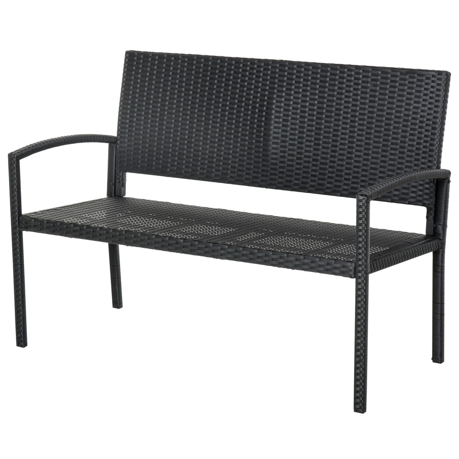 Polyrattan Trädgårdsbänk Parkbänk 2-Sits Wicker Steel Svart B122 X D60 X H87Cm