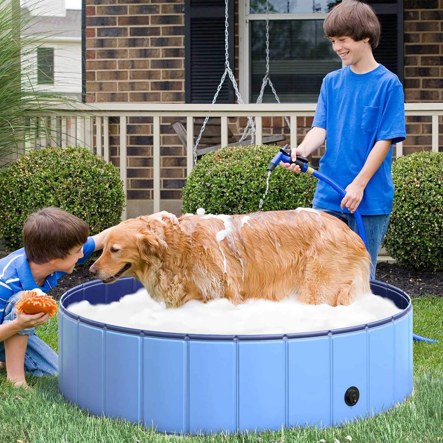 Hundbassäng Stor Plaskdamm För Hundar, Pool Av Pvc + Trä, Blå, Ø120Xh30 Cm, Kyler Av På Sommaren