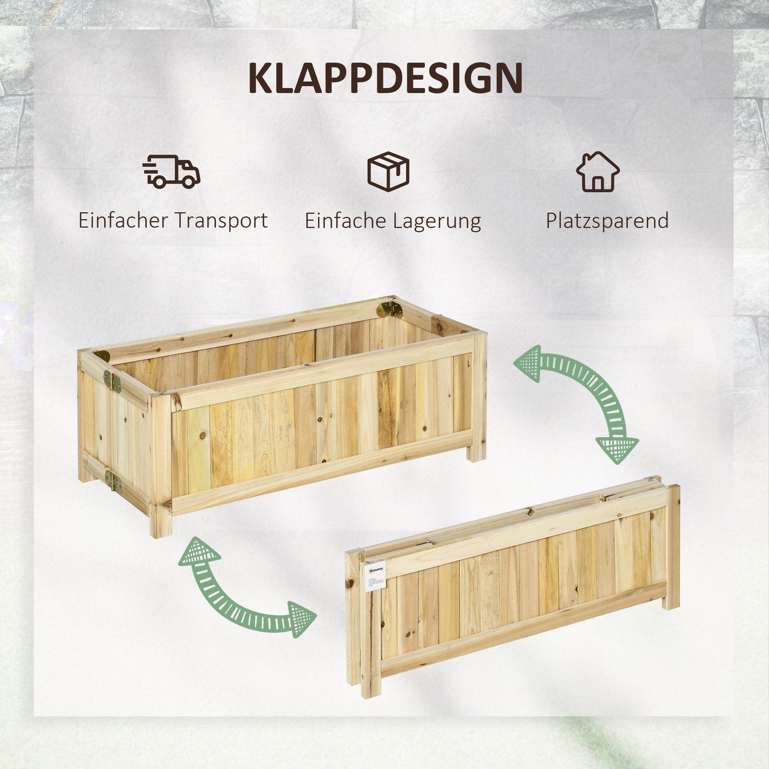 Sammenklappelig plantekasse til højbed til have, gårdhave og balkon, grantræ, naturlig, 70x30x25 cm