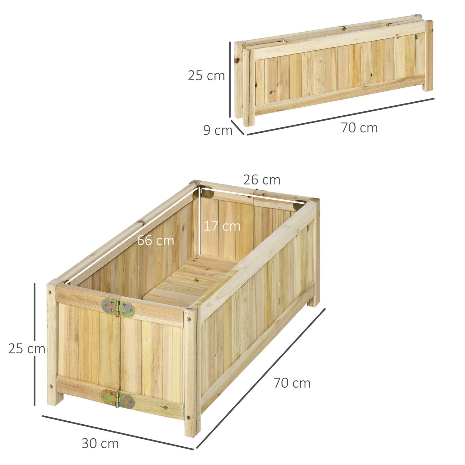 Sammenklappelig plantekasse til højbed til have, gårdhave og balkon, grantræ, naturlig, 70x30x25 cm