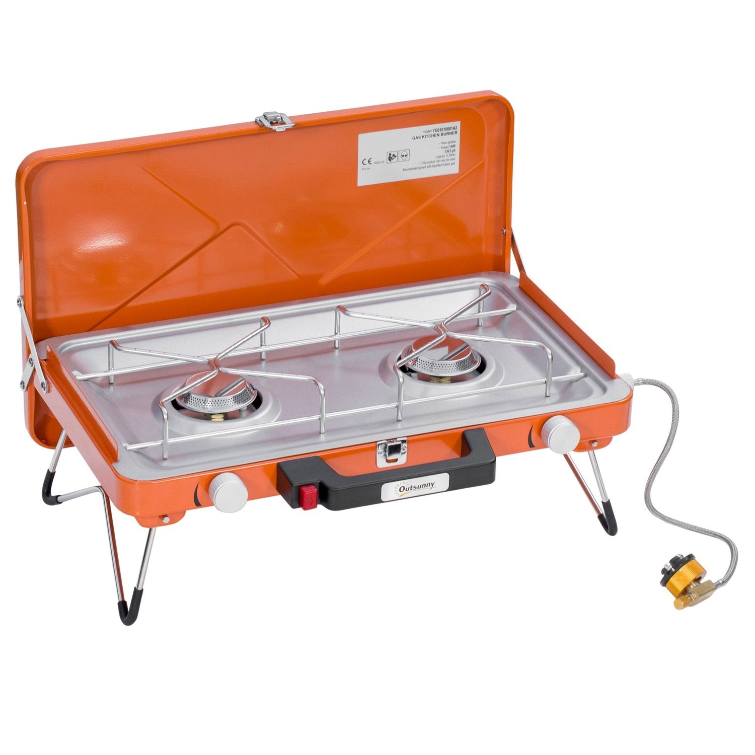 Gasgrill Bordgrill Bbq 2 brændere Foldbar slangeregulator Rustfrit stål Metal Orange 46,5X33,5X17,4Cm