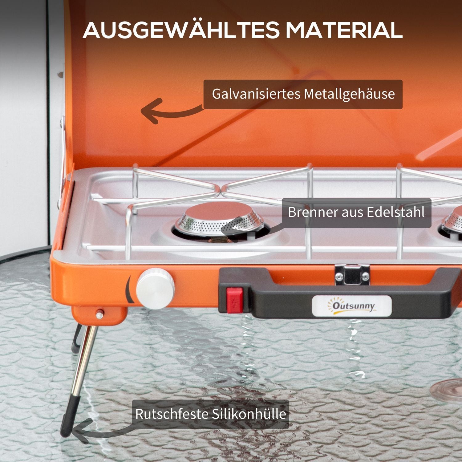 Gasgrill Bordgrill Bbq 2 brændere Foldbar slangeregulator Rustfrit stål Metal Orange 46,5X33,5X17,4Cm