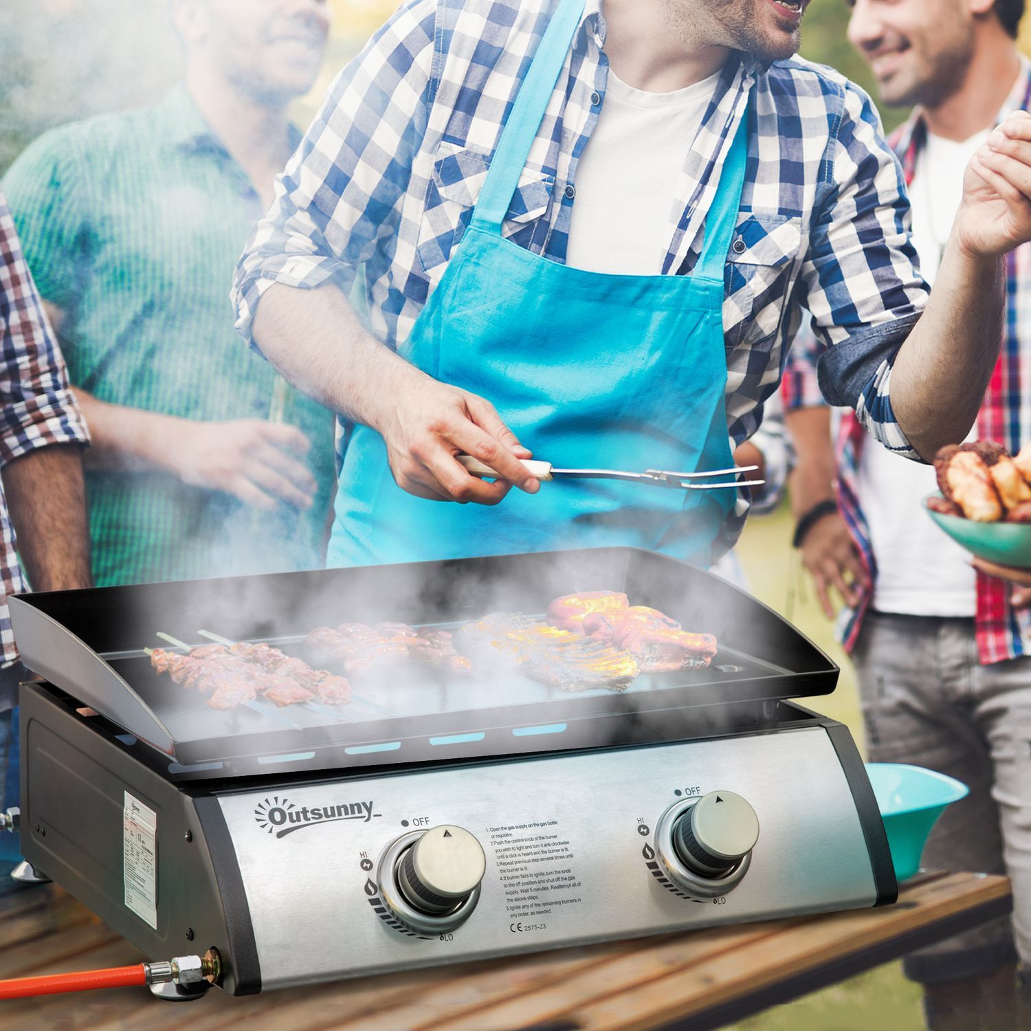 Bordgrill gasgrill grill med 2 brændere, bordgasgrill med slange, non-stick grillplade, campinggrill, rustfrit stål + metal, sølv