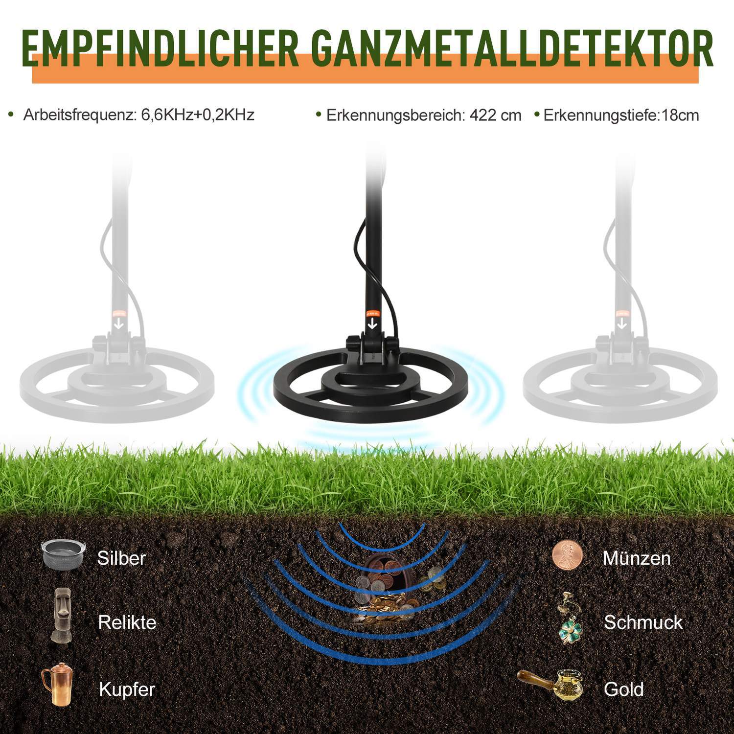 Metaldetektor Metaldetektor til professionelle og begyndere Vandtæt Ø22 Cm Søgespole Aluminium Abs Sort 23 X 22 X 114-135 Cm