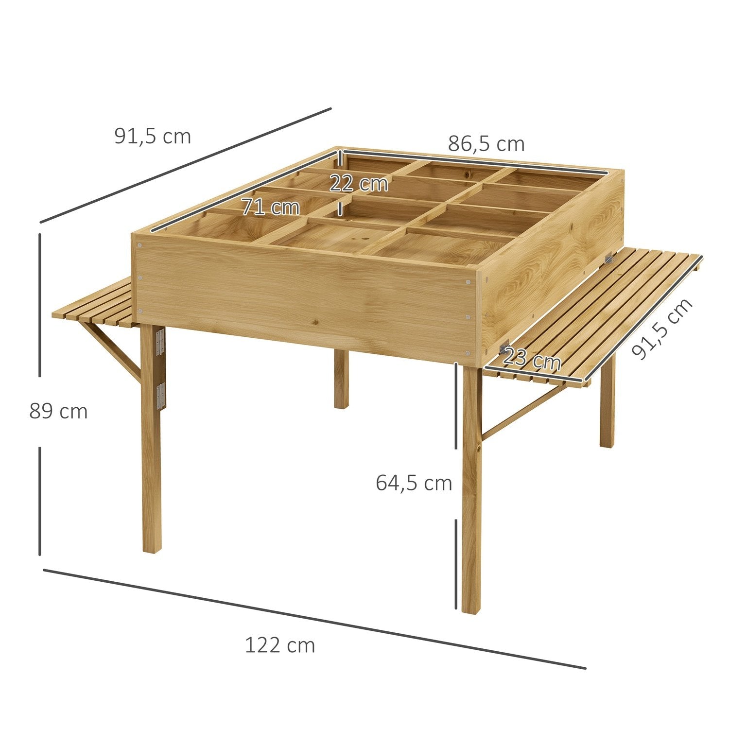 Højseng i træ, sammenklappelig kold ramme med 12 skillevægge, urtebed, plantekasse, blomsterkasse med fiberdug 122 x 91,5 x 89 cm, naturlig