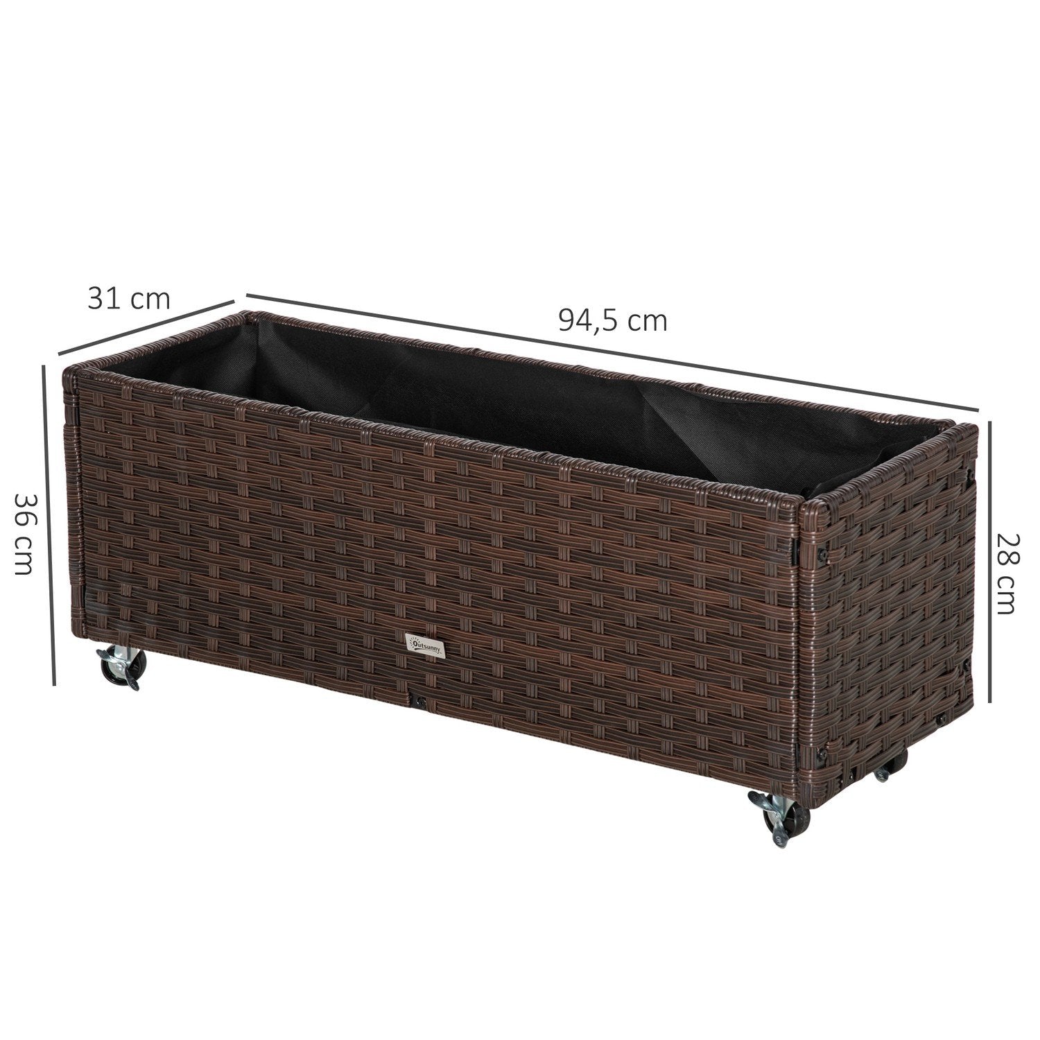 Højbed polyrattan med hjul Plantekasse med drænhul Blomsterkasse Urtepotte Kaffe Brun 94,5 X 31 X 36 Cm