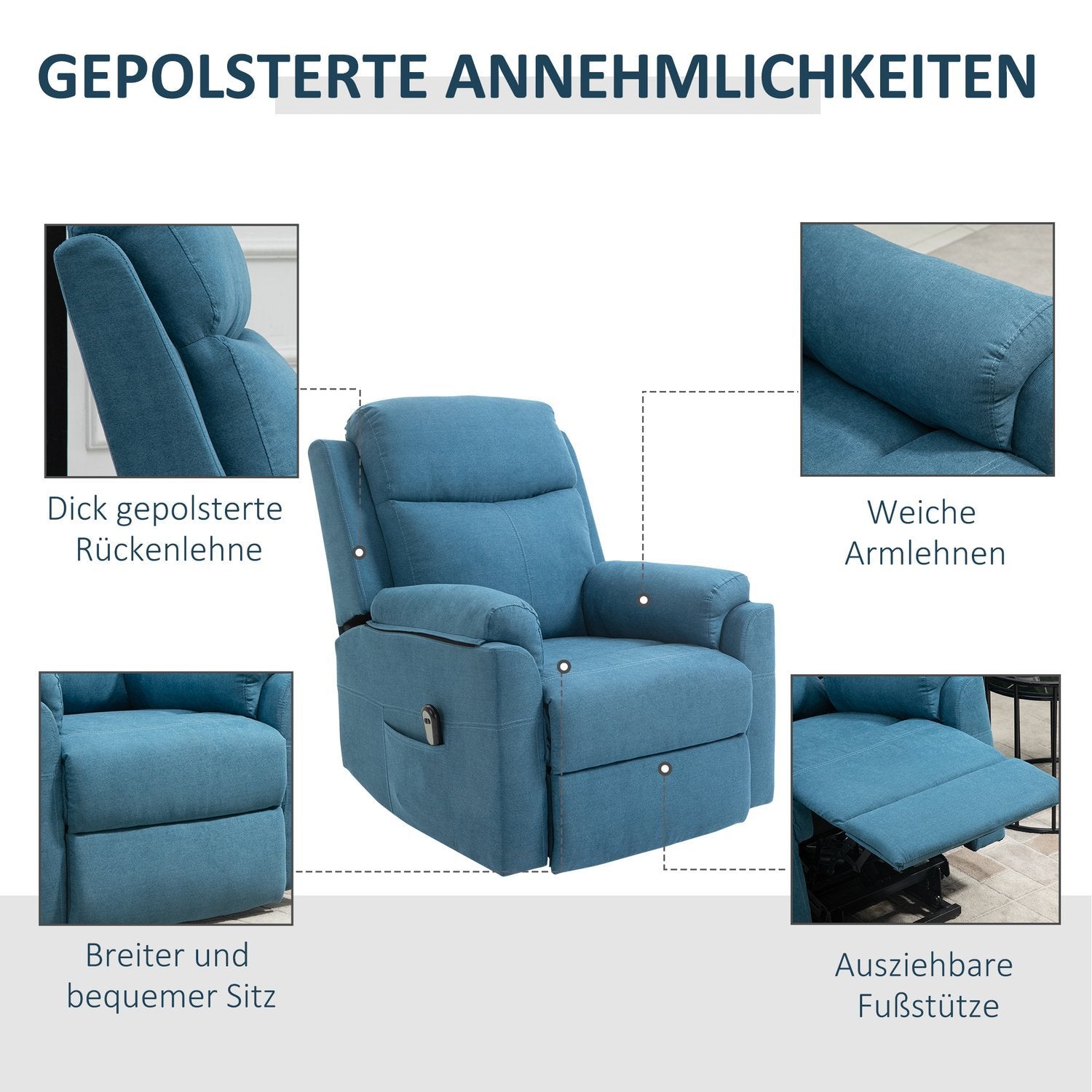 Liggdel Elektrisk Tv-Stol Med Ståhjälp För Seniorer, Ligg- Och Sovfunktion, Linnelook, Blå, 83X89X102Cm