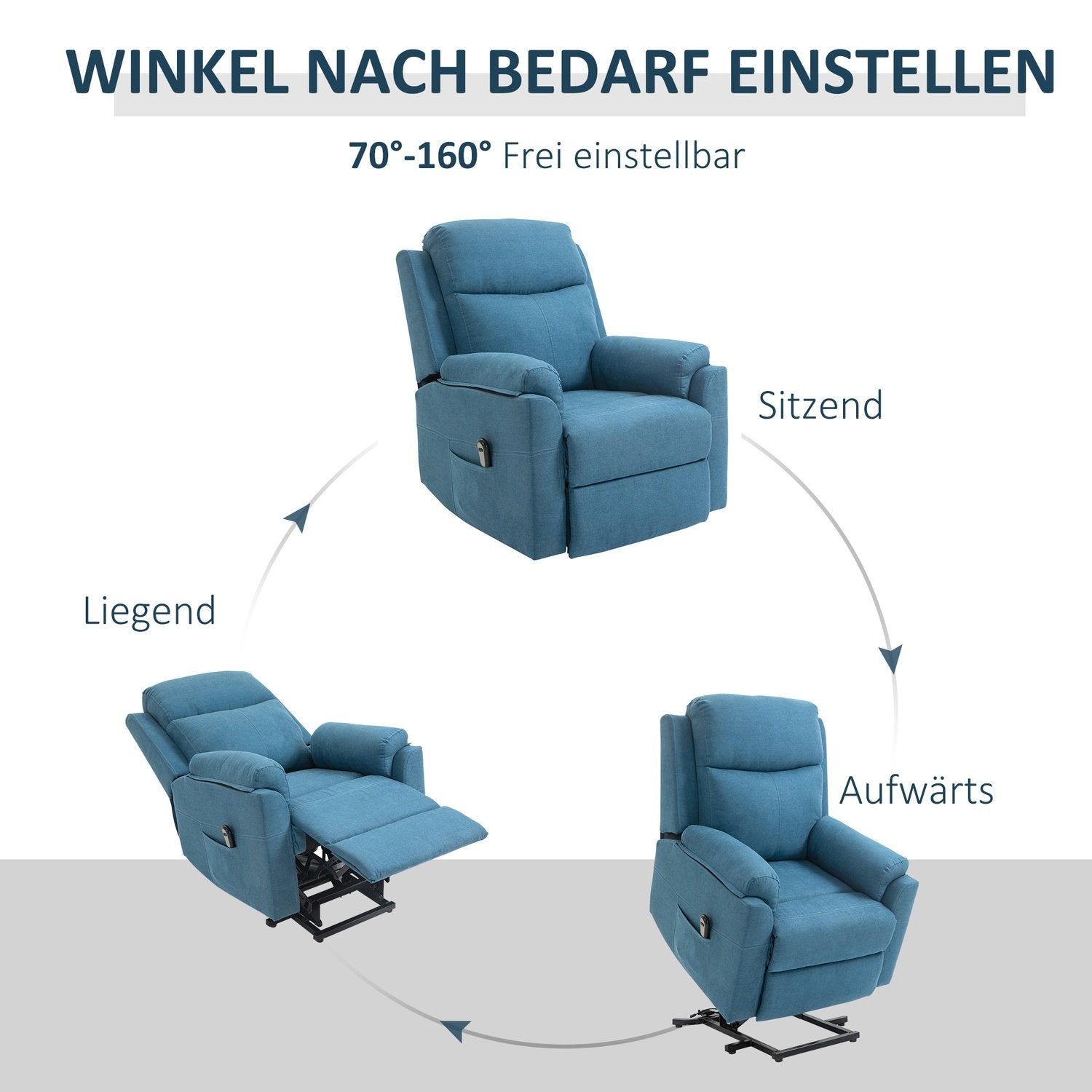 Liggdel Elektrisk Tv-Stol Med Ståhjälp För Seniorer, Ligg- Och Sovfunktion, Linnelook, Blå, 83X89X102Cm