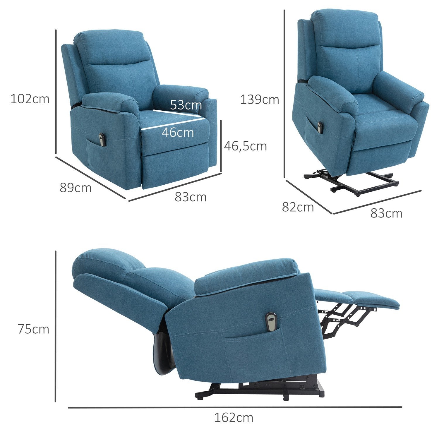 Liggdel Elektrisk Tv-Stol Med Ståhjälp För Seniorer, Ligg- Och Sovfunktion, Linnelook, Blå, 83X89X102Cm