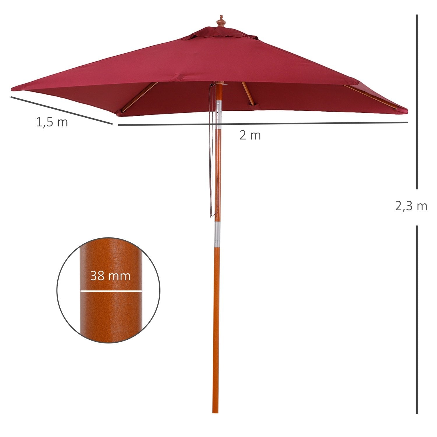 Parasol Balkon Cantilever paraply lavet af grantræ, justerbar i 3 niveauer, vinrød, 200X150X230Cm