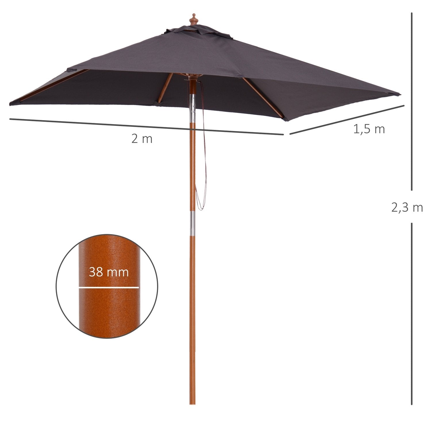 Parasol foldehaveparaply lavet af grantræ, justerbar i 3 niveauer, mørkegrå, 200x150x230 cm