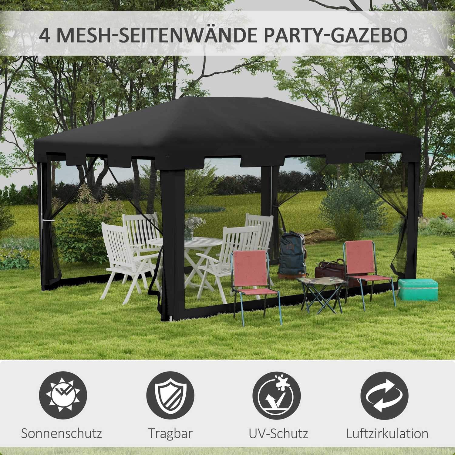 Outsolny Pavillon Festtelt Ca 4 X 3 M Havepavillon Havetelt Med Netsidevægge Til Altan, Terrasse, Metal Pe Mørkegrå.