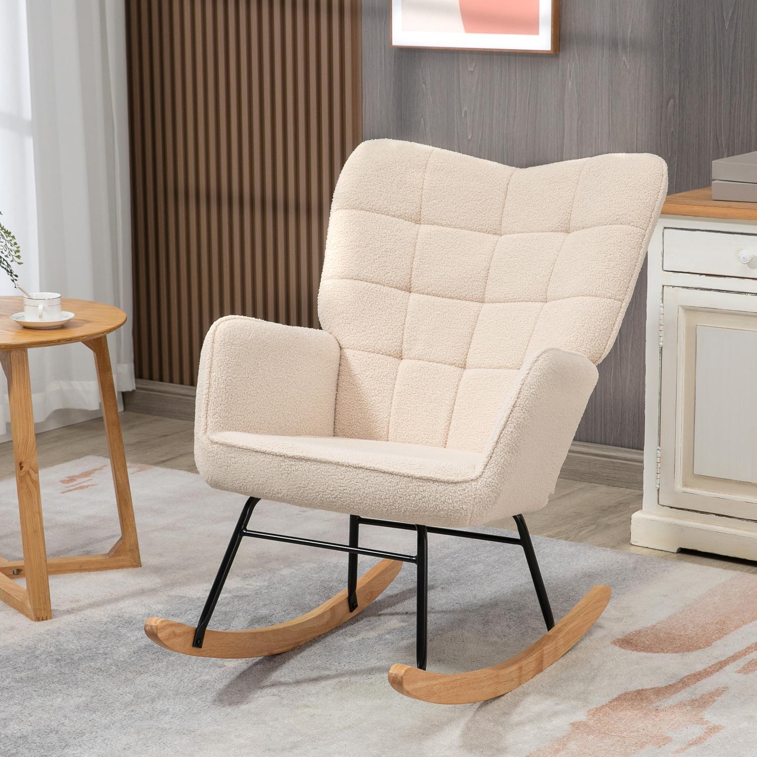 Gyngestol, Accentstol, Relax-stol med berberfleece, til soveværelse, op til 120 kg, beige, 71X92X101 cm