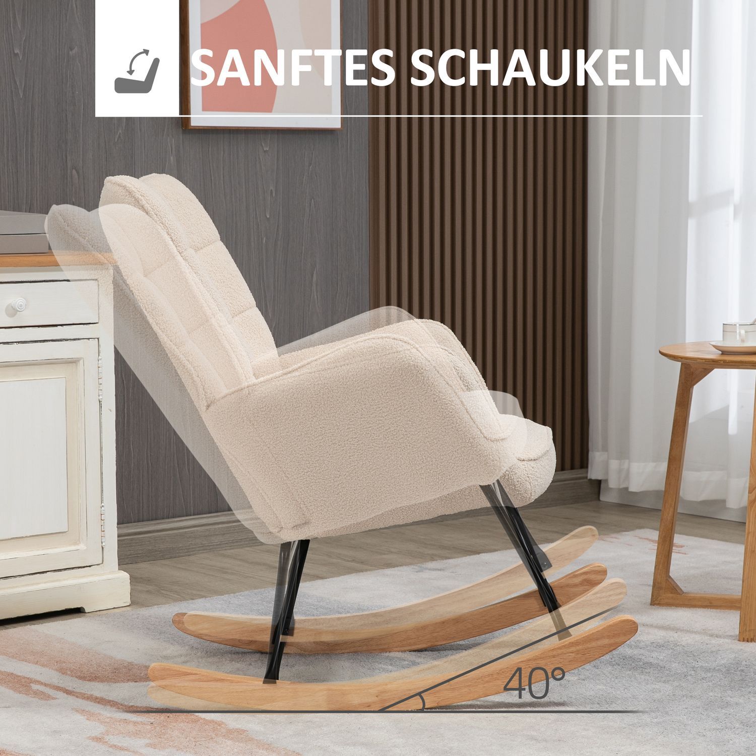 Gyngestol, Accentstol, Relax-stol med berberfleece, til soveværelse, op til 120 kg, beige, 71X92X101 cm