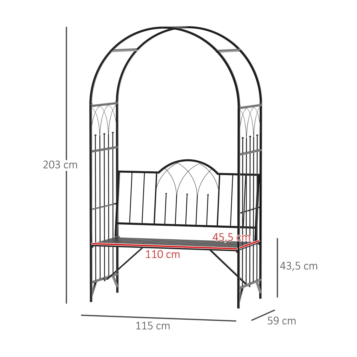 Rosenbue med bænk, rosenbænk, arborbænk, filosofbænk, espalier, havebænk, metal, sort, 121 x 50 x 203 cm