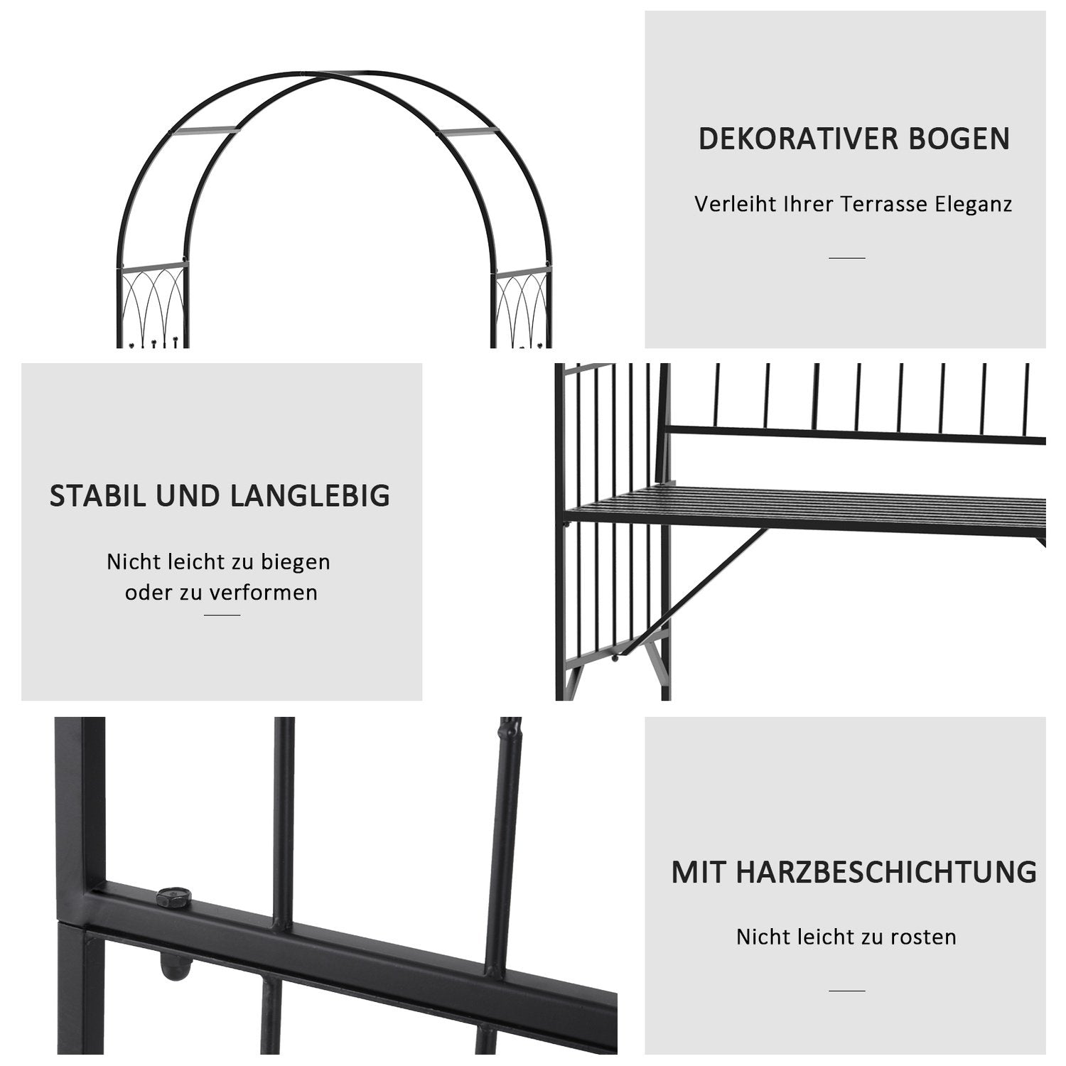 Rosenbue med bænk, rosenbænk, arborbænk, filosofbænk, espalier, havebænk, metal, sort, 121 x 50 x 203 cm