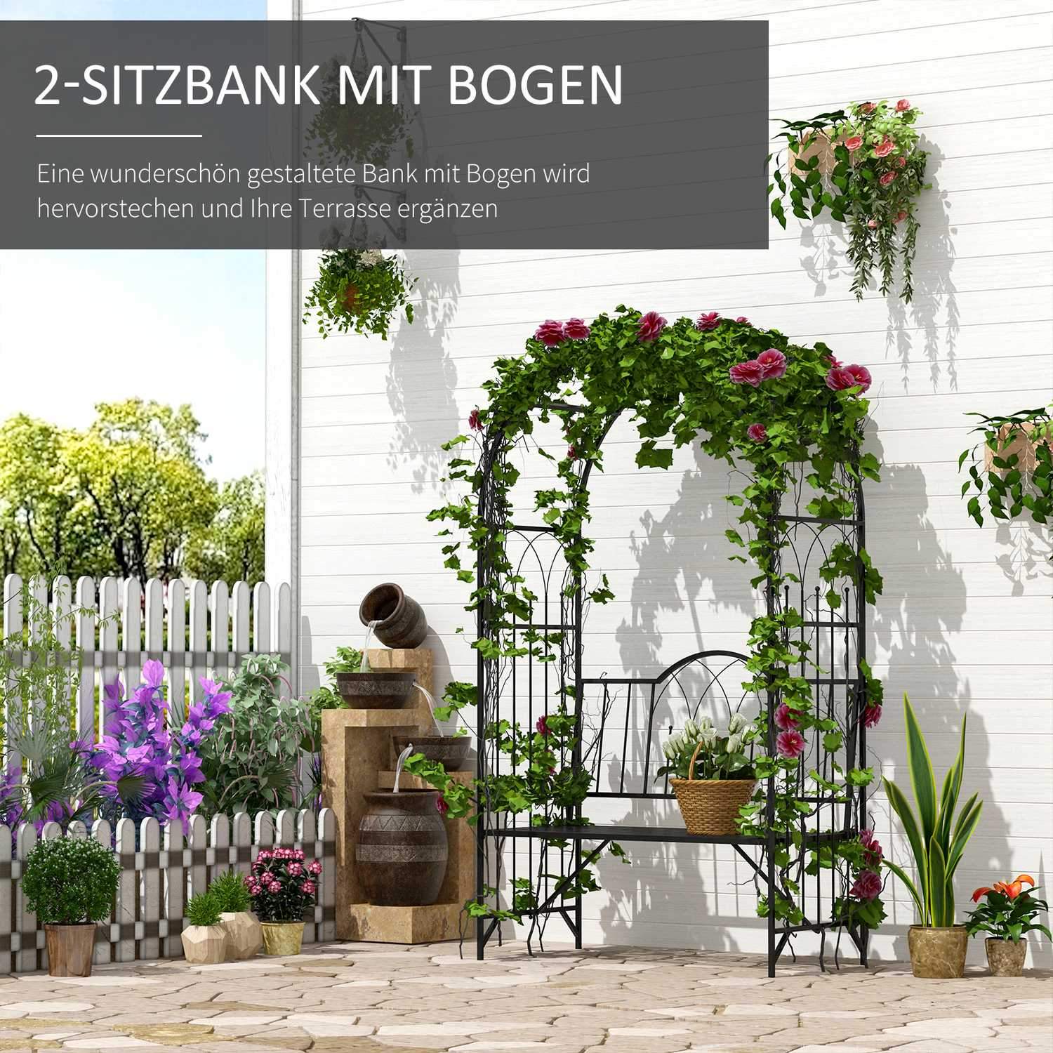 Rosenbue med bænk, rosenbænk, arborbænk, filosofbænk, espalier, havebænk, metal, sort, 121 x 50 x 203 cm