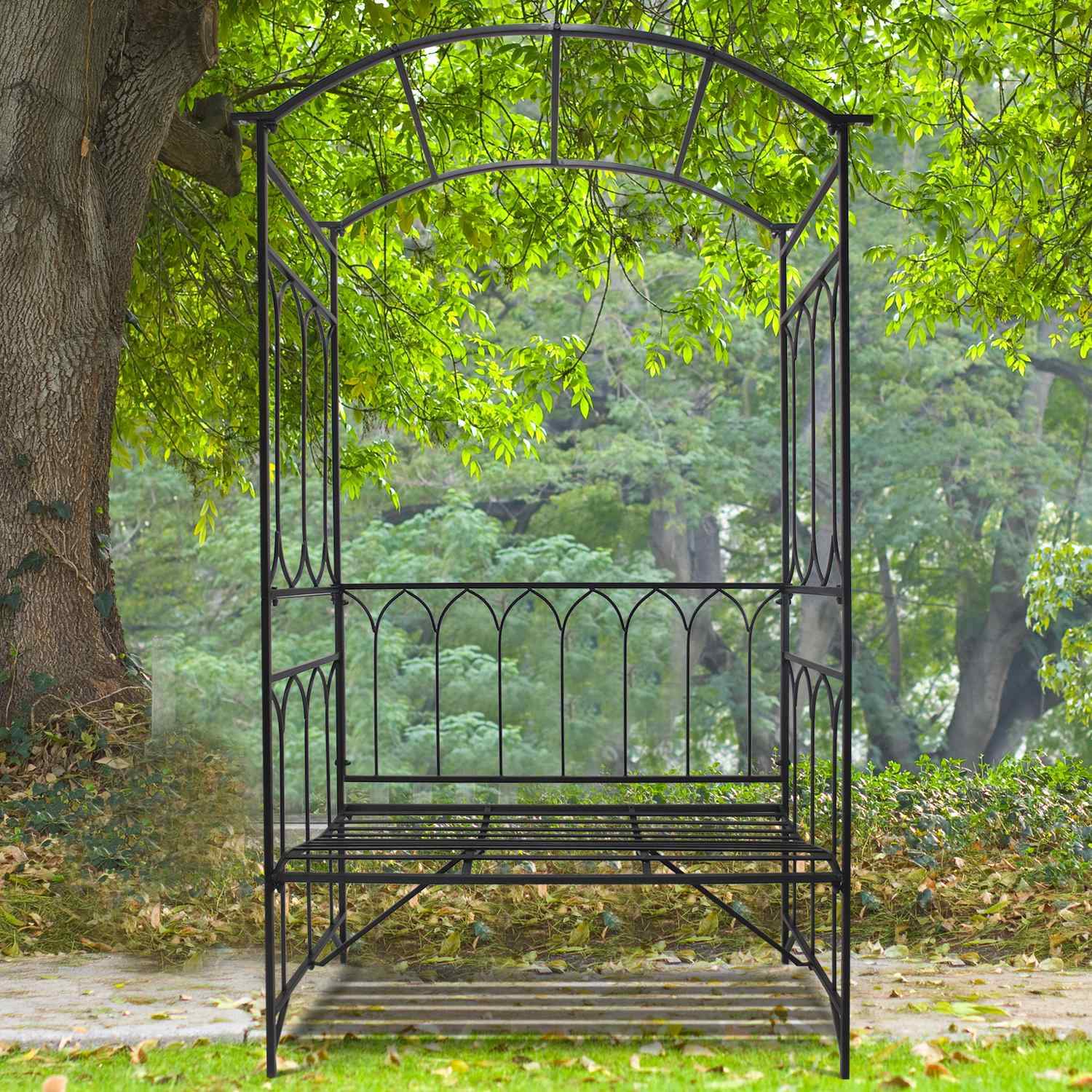 Rosenbue med bænk, rosenbænk, arborbænk, filosofbænk, espalier, havebænk, metal, sort, 115 x 50 x 203 cm