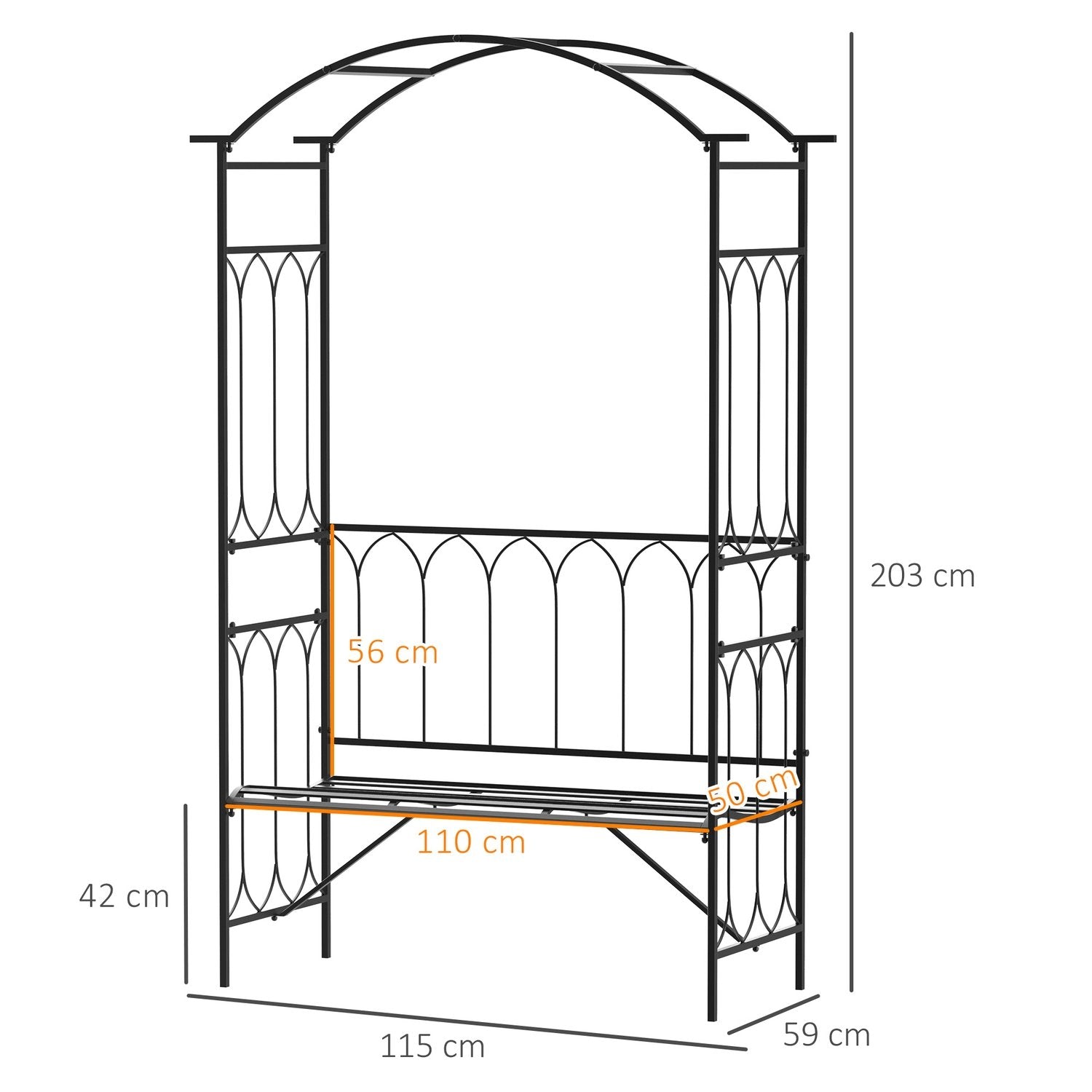 Rosenbue med bænk, rosenbænk, arborbænk, filosofbænk, espalier, havebænk, metal, sort, 115 x 50 x 203 cm