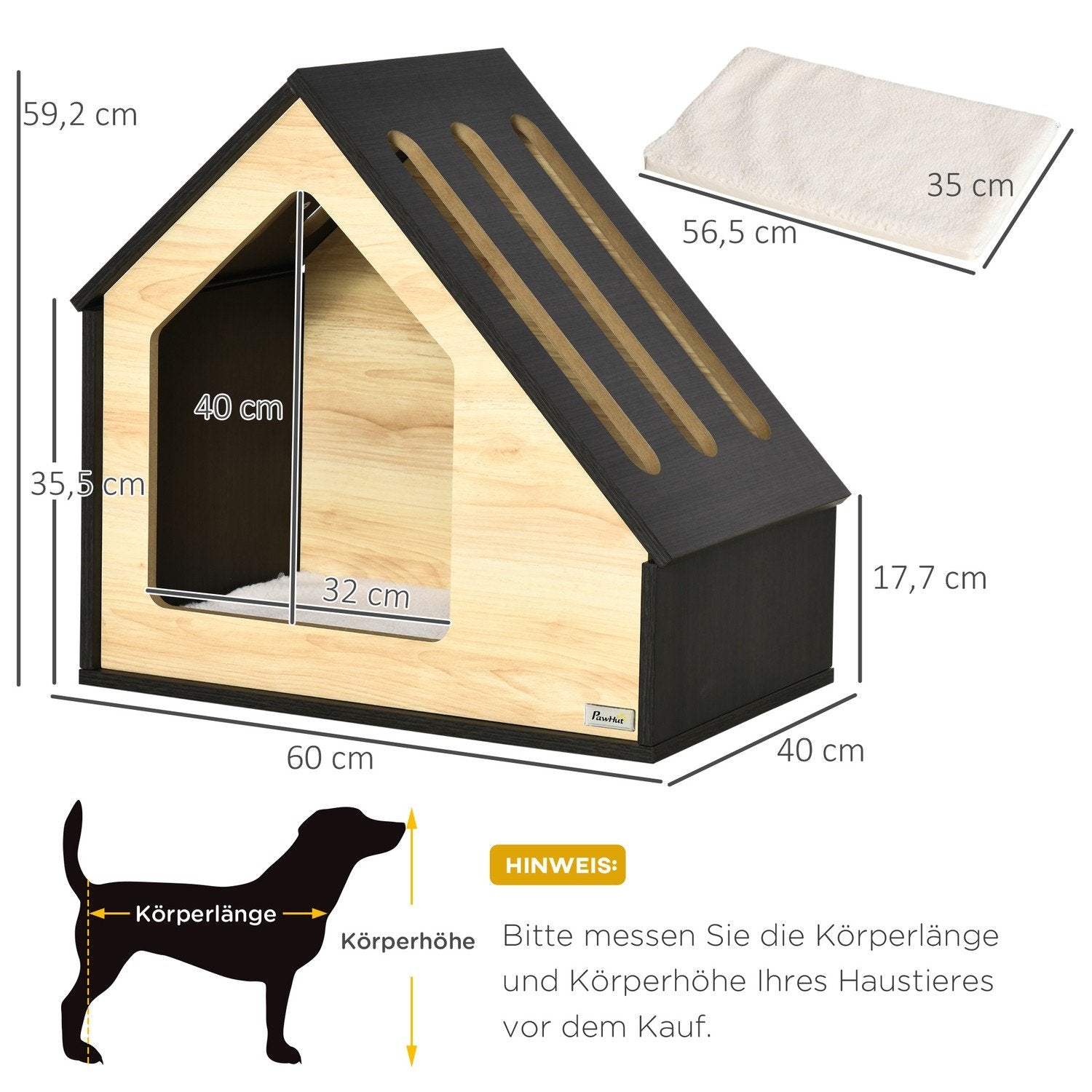 Hundehus i træ Hyggelig indendørs kattehule og hundesoveplads med pude, til små hunde op til 8 kg, 60x40x59,2 cm