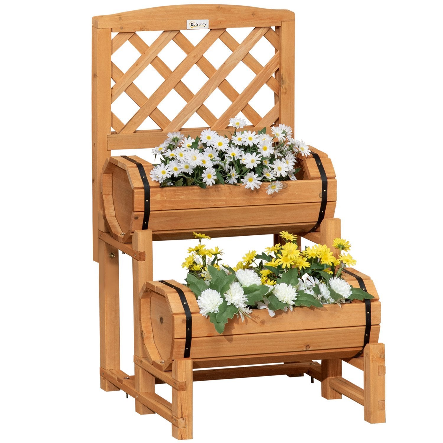 Højbed, Blomsterkasse i træ med espalier, plantekasse i rustikt design, grøntsagsbed til haven, terrasse, altan, gul, 45 x 45 x 80 cm