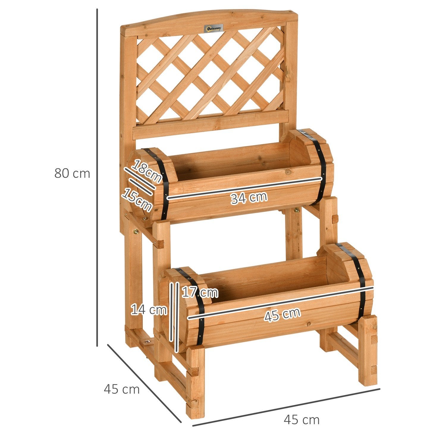 Højbed, Blomsterkasse i træ med espalier, plantekasse i rustikt design, grøntsagsbed til haven, terrasse, altan, gul, 45 x 45 x 80 cm