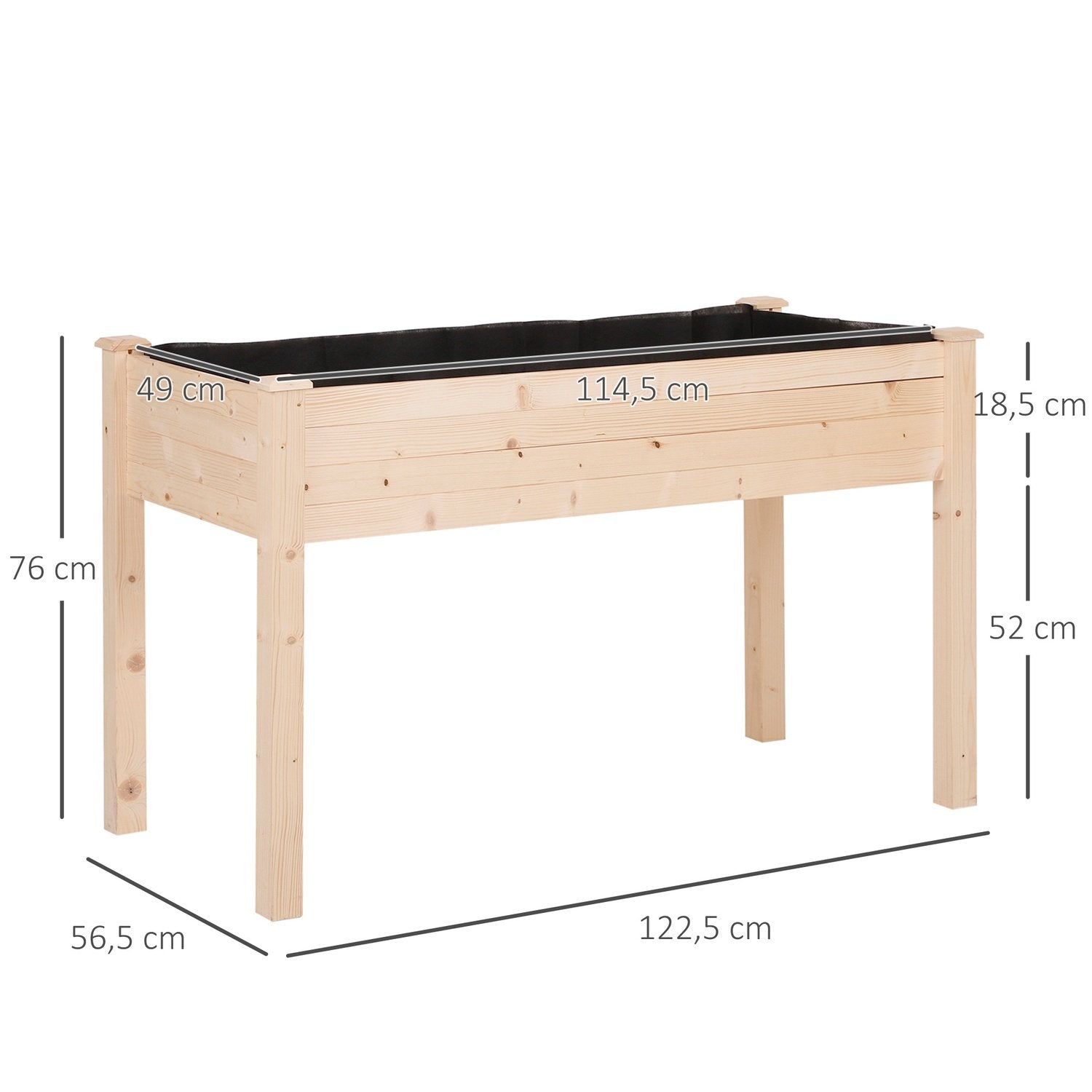 Højbed, Plantekasse, Blomsterkasse, Urtepotte, Urtebed Med Drænhul, Fiberdug, Massivt Naturtræ 122,5 X 56,5 X 76 Cm