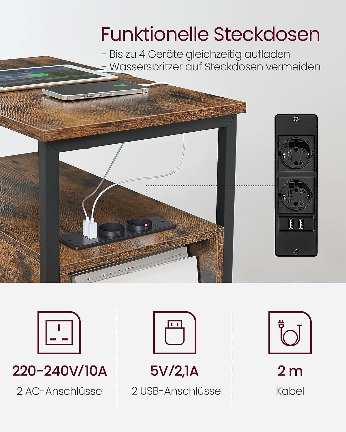 Rustikt sidebord med indbygget Power Strip og opbevaring