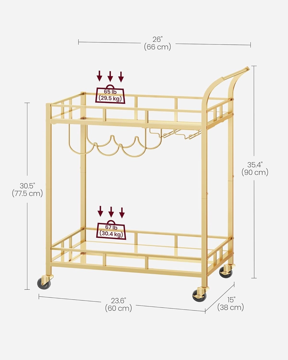 Rymlig Gold Bar Cart med vinförvaring och låsbara hjul