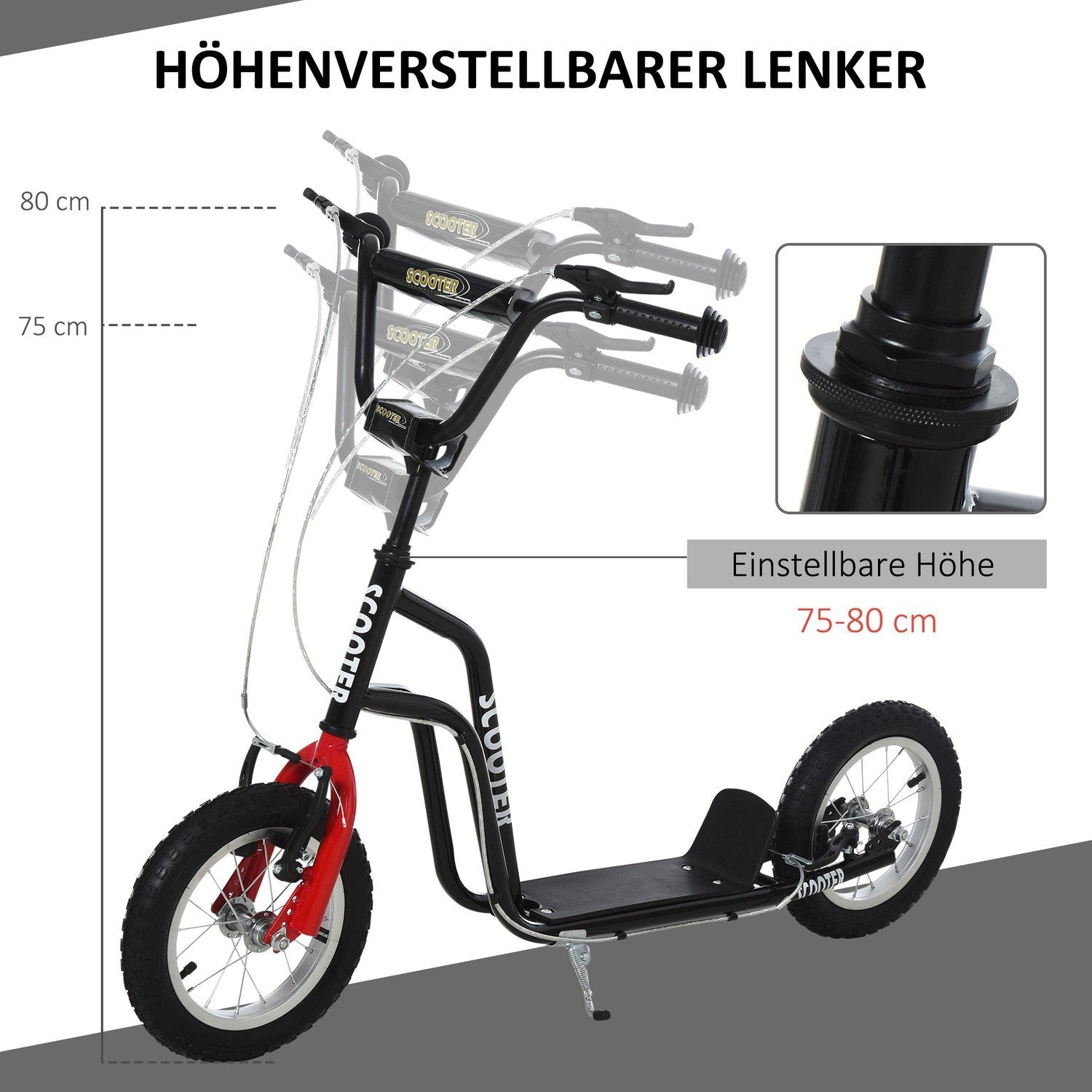 Scooter Børnescooter City Scooter Fra 5 År Kickboard Med Pneumatiske Dæk 12 Tommer Fra 5 År Sort 120 X 58 X 75-80 Cm