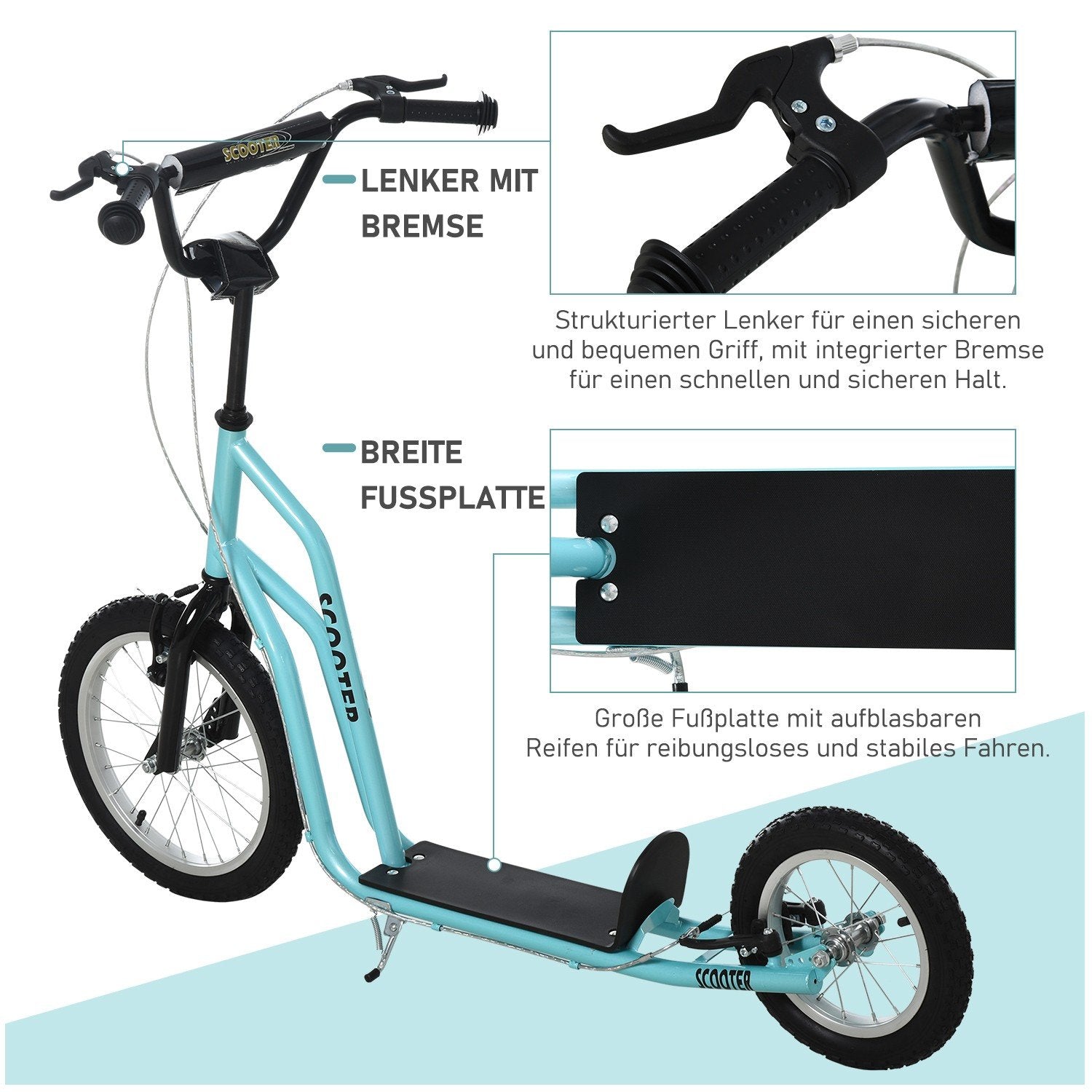 Scooter Barnskoter Från 5 År, Kickboard Med Pneumatiska Däck 16/12 Tum, Blå, 135 X 58 X 88-94 Cm