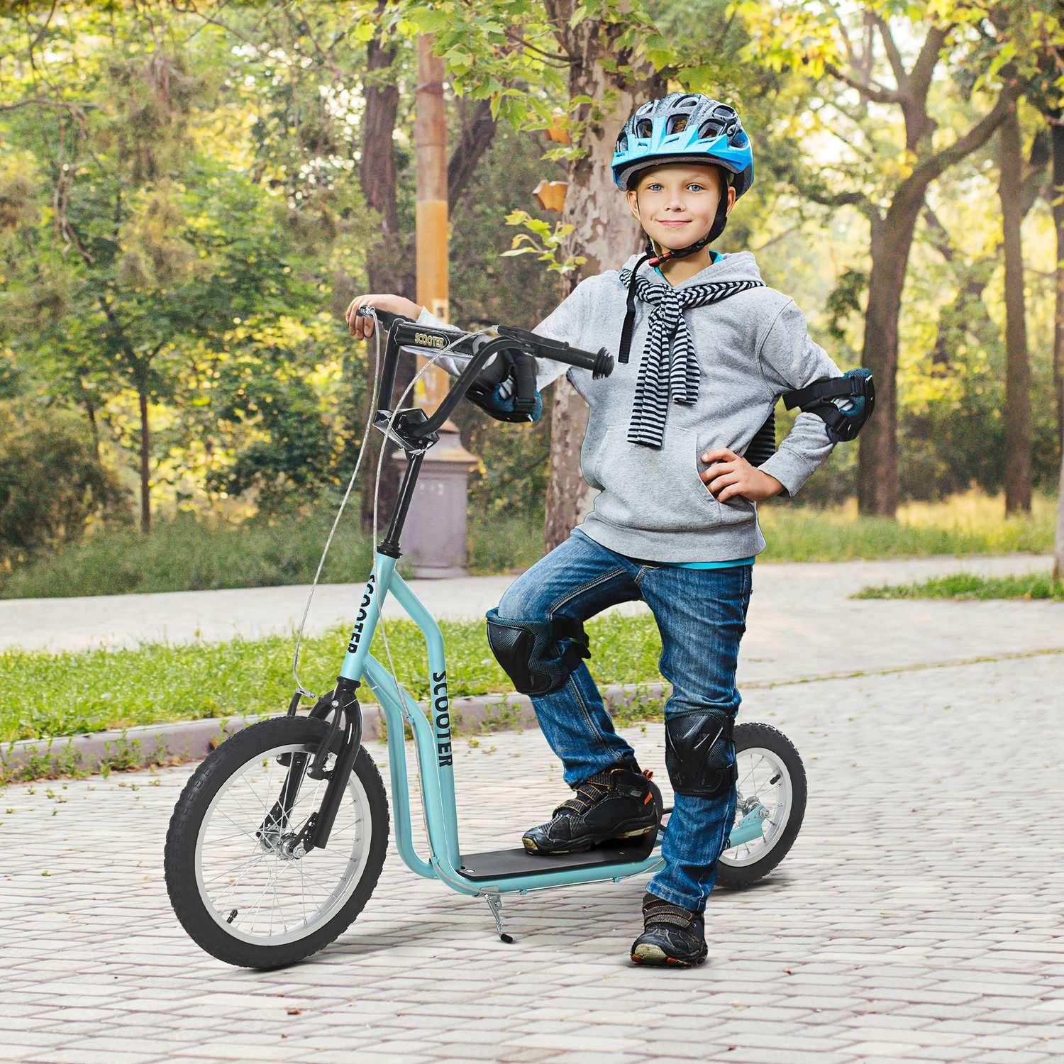 Scooter Barnskoter Från 5 År, Kickboard Med Pneumatiska Däck 16/12 Tum, Blå, 135 X 58 X 88-94 Cm