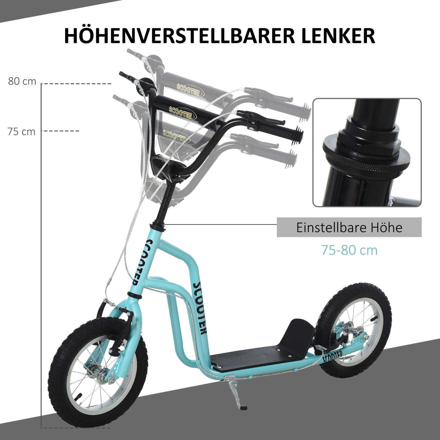 Scooter Kick Scooter Børnescooter City Scooter Kickboard Med Pneumatiske Dæk 12 Tommer, Fra 5 År, Blå, 120X58X75-80Cm