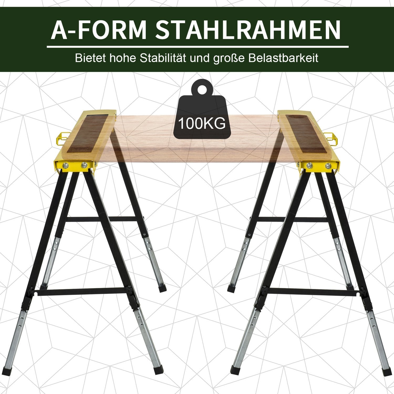 Sæt med 2 arbejdsstativ til savhest Sammenfoldelig skridsikker stål Gul Sort 100 X 49 X 62-90 Cm Bæreevne 100 Kg