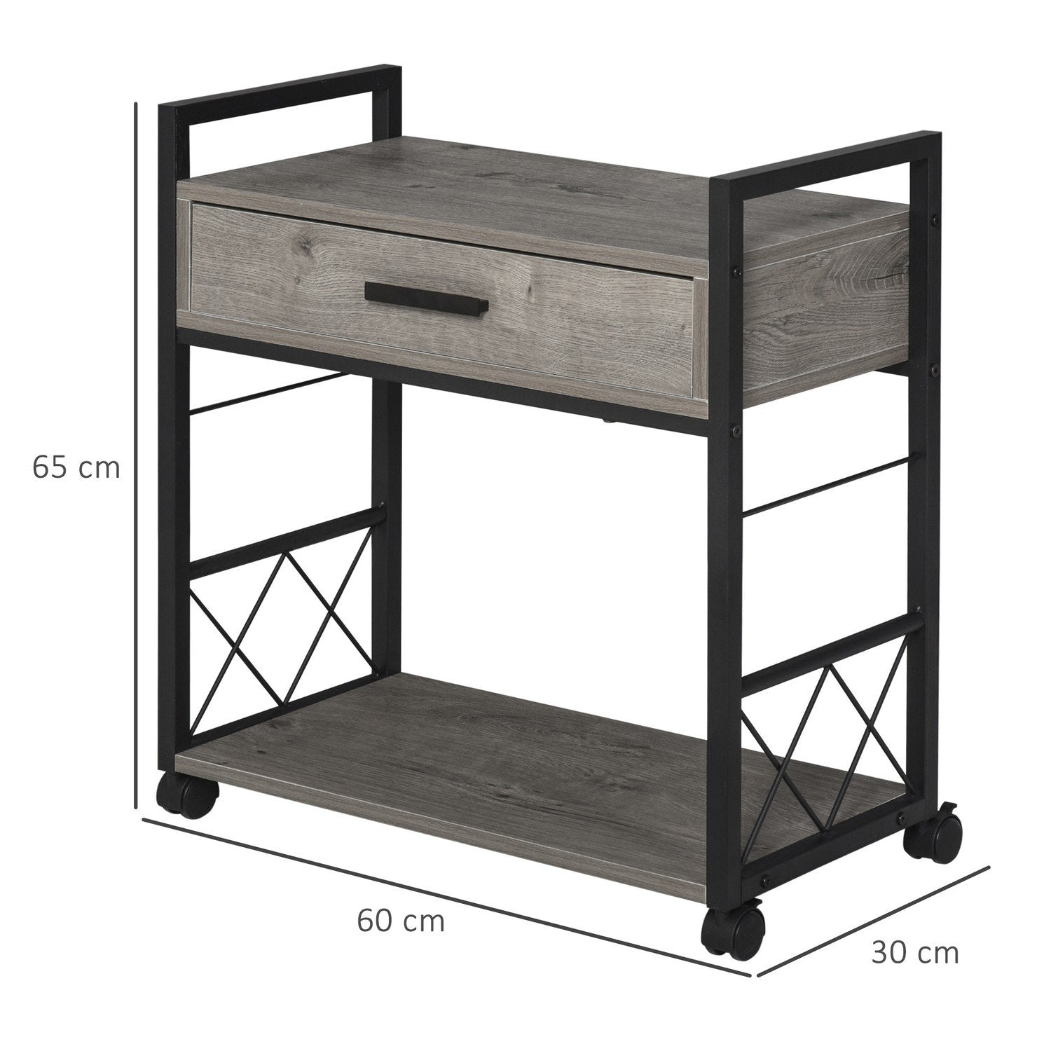 Sidobord Serveringsvagn Med Hjul, Köksvagn, Soffbord, Låda, Hylla, Grå, 60X30X65Cm