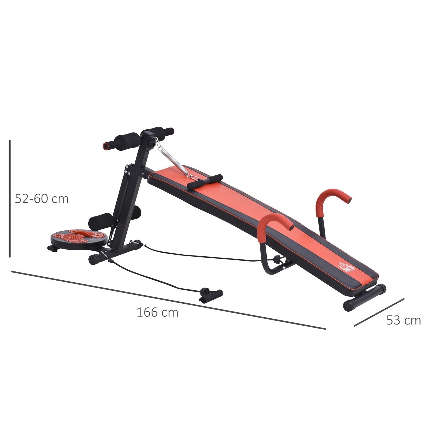 Sit Up bænk Justerbar abdominal træningsbænk, polstret, 120 kg belastningskapacitet, rød+sort, 166X53X52-60 cm