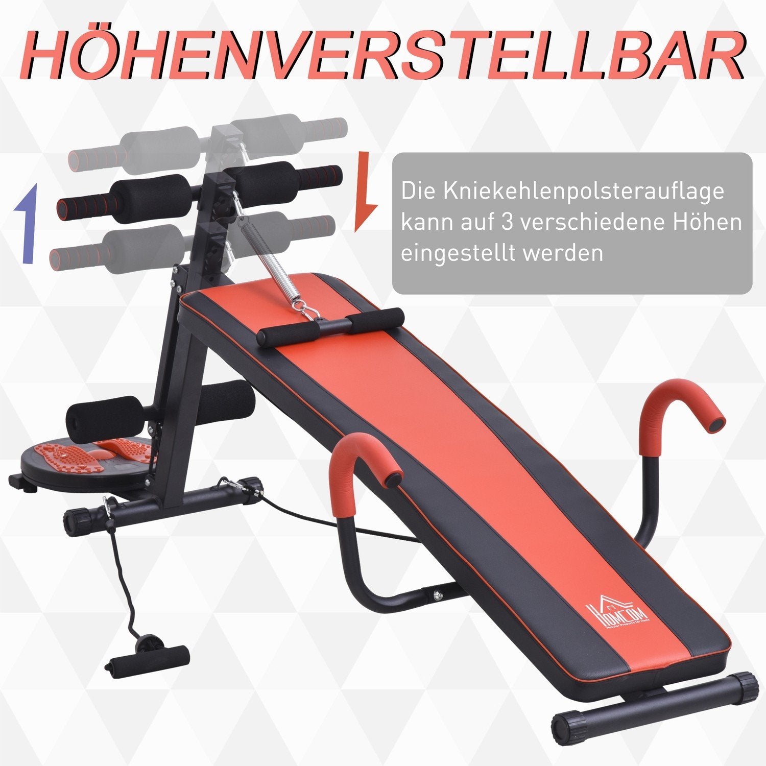 Sit Up bænk Justerbar abdominal træningsbænk, polstret, 120 kg belastningskapacitet, rød+sort, 166X53X52-60 cm