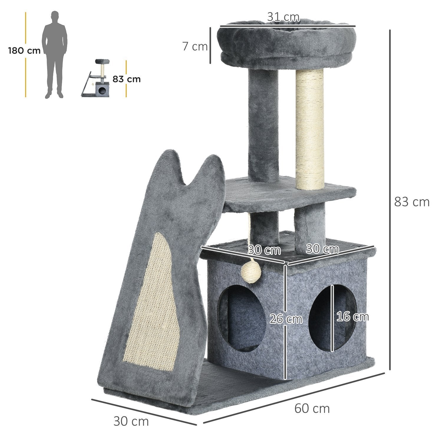 Kradsestolpe 83H Cm Kattetræ med kradsebræt &amp; kattehule, klatretræ med platforme og rampe, kattelegetøj, grå+cremehvid