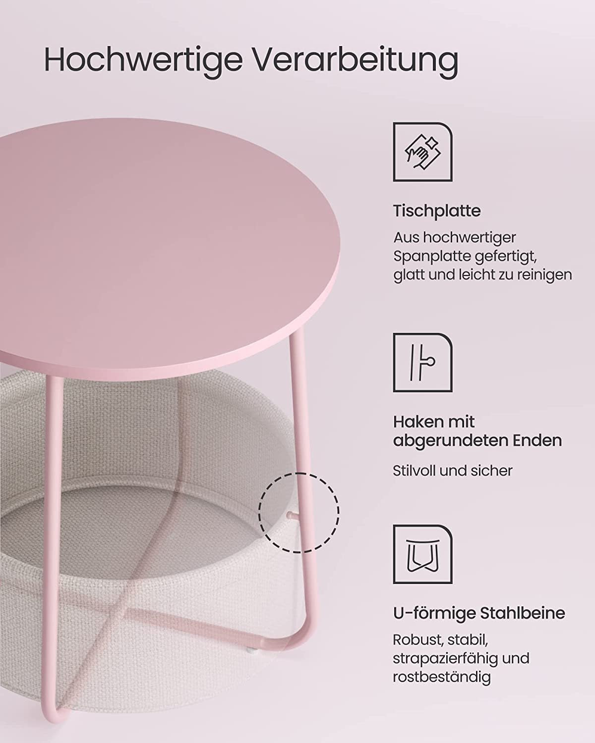 Hurtig montering Pastel pink sidebord med opbevaringskurv