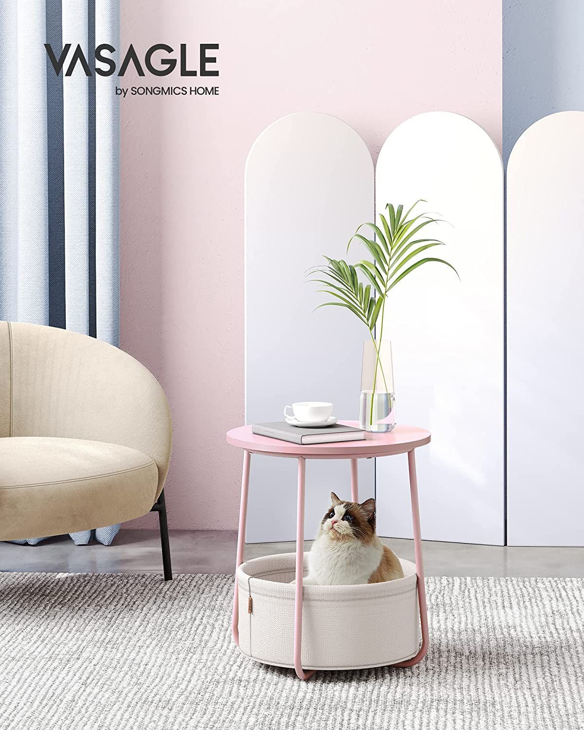 Hurtig montering Pastel pink sidebord med opbevaringskurv