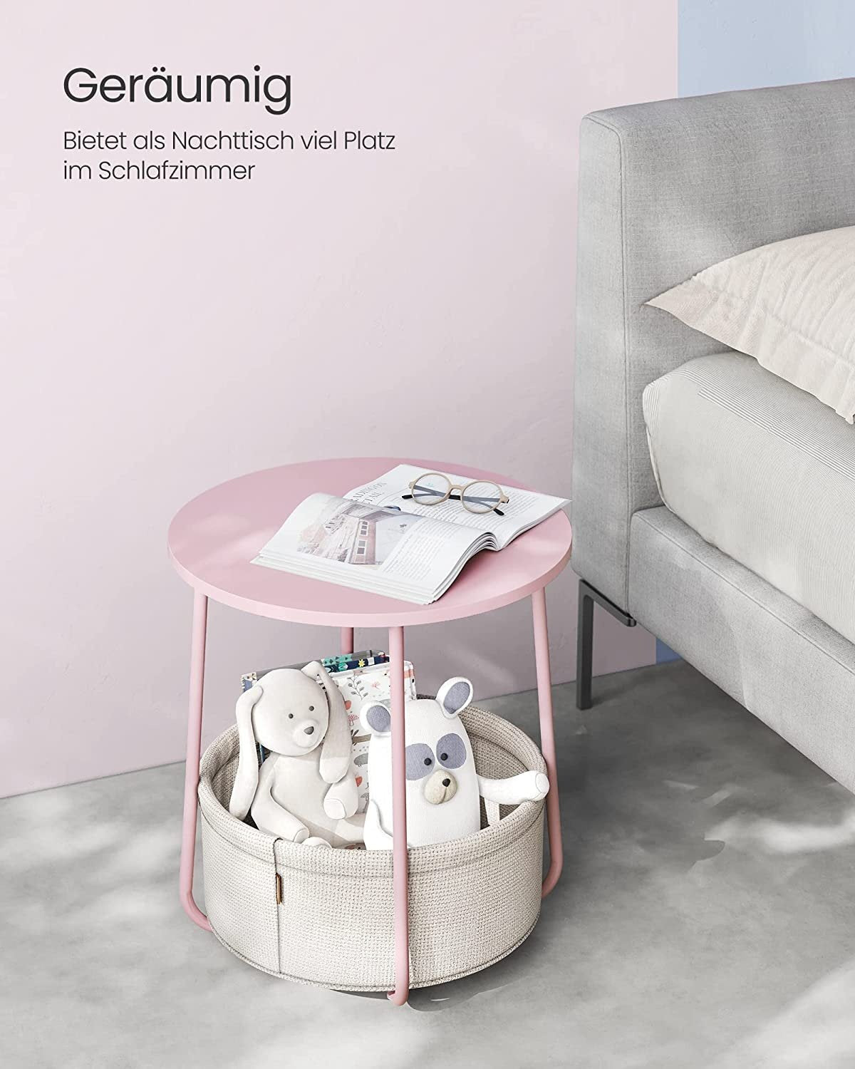 Hurtig montering Pastel pink sidebord med opbevaringskurv