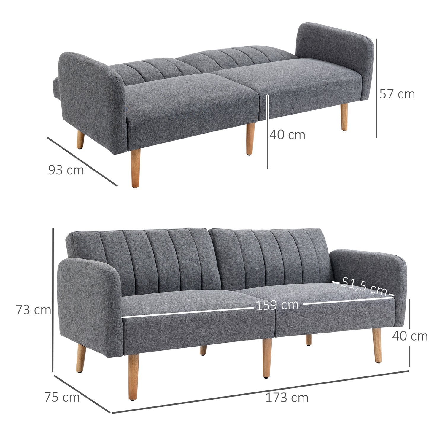 Bäddsoffa, Hopfällbar Soffa, 2-Sits, Bäddsoffa Med Sovfunktion, Linneliknande Polyester, Gummiträ, Grå, 173X75X73Cm