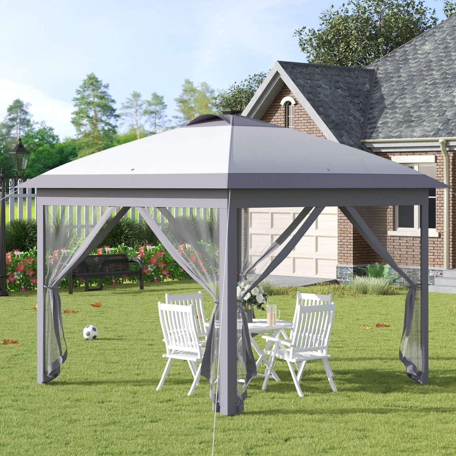 Gazebo 3,3X3,3M Foldeligt Gazebo Led Usb Pop-Up Mesh Sidevægge Solskyggetaske Oxford Grå