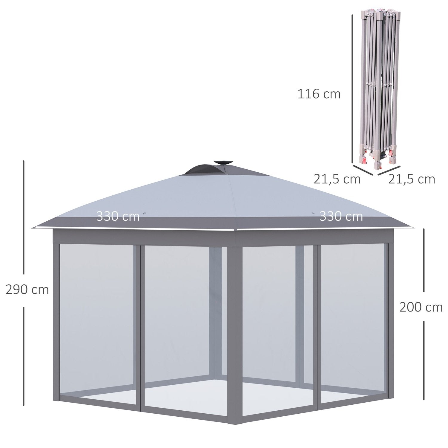 Gazebo 3,3X3,3M Foldeligt Gazebo Led Usb Pop-Up Mesh Sidevægge Solskyggetaske Oxford Grå